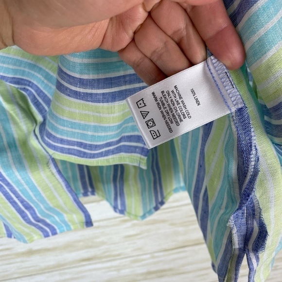 NWT Foxcroft NYC Blue Green Vertical Striped Linen Button Down Shirt - Picture 5 of 6